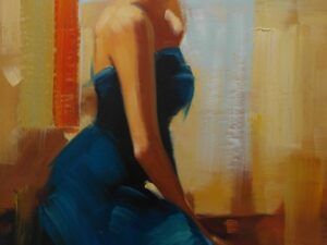 Kvinde i blå kjole maleri